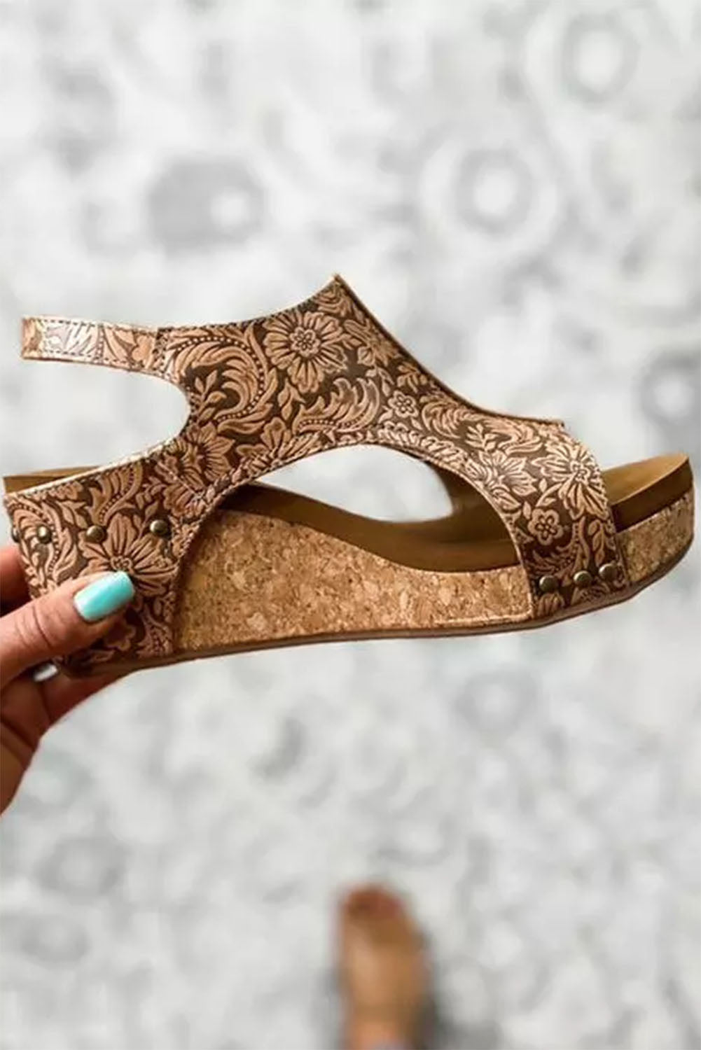 Brown Vintage Floral Leather Rivet Hollowed Platform Sandals - Venus Trendy Fashion Online