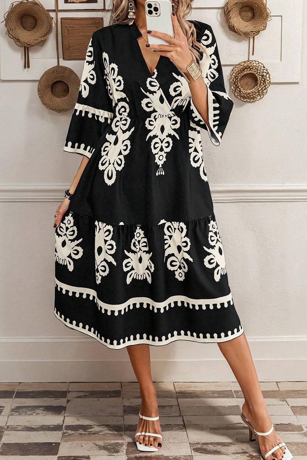 Beige Ethnic Geometric Print 3/4 Sleeve Loose Midi Dress - Venus Trendy Fashion Online