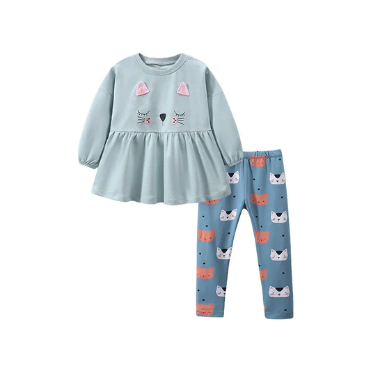 Kids Toddler Big Boys Spring Autumn Fashion Casual Cute Solid Color Cartoon Kitten Round Neck Long Sleeve Pants Set