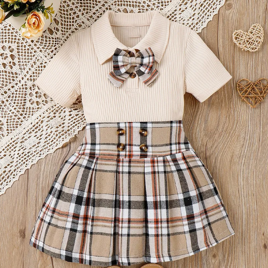 Children Kids Toddlers Fashion Girls Basic Casual Short Sleeve Lapel Bow Top And Plaid Skirt 2pcs Set
