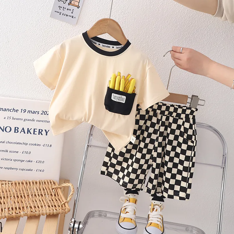 Kids Toddler Boys Summer Fashion Casual Cute Solid Color Fries Round Neck T-Shirt Plaid Shorts Set