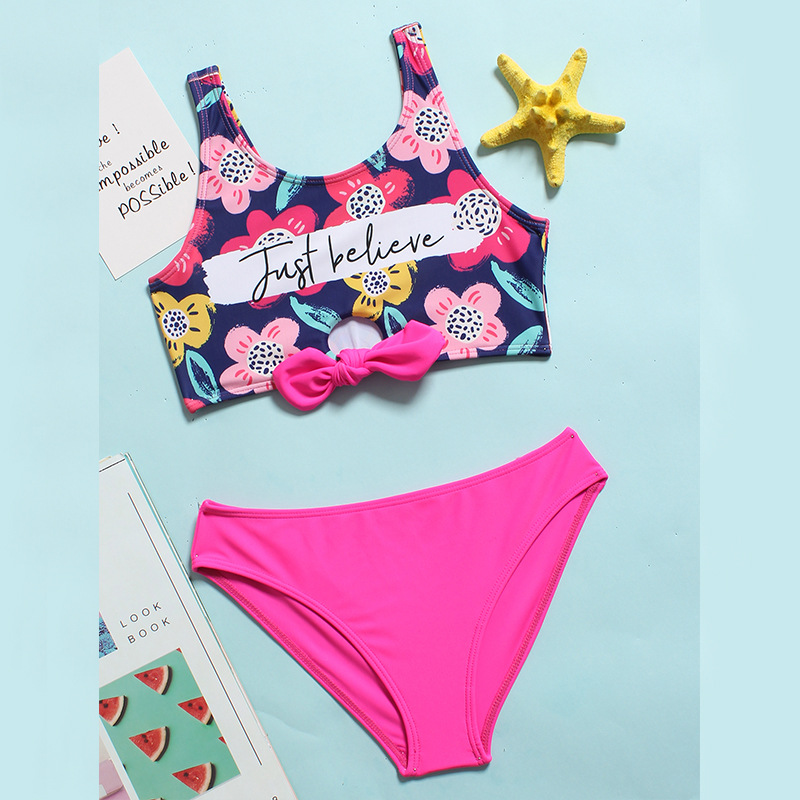 Children Kids Baby Fashion Girls Cute Flower Print Split Swimsuit 2pcs Set
