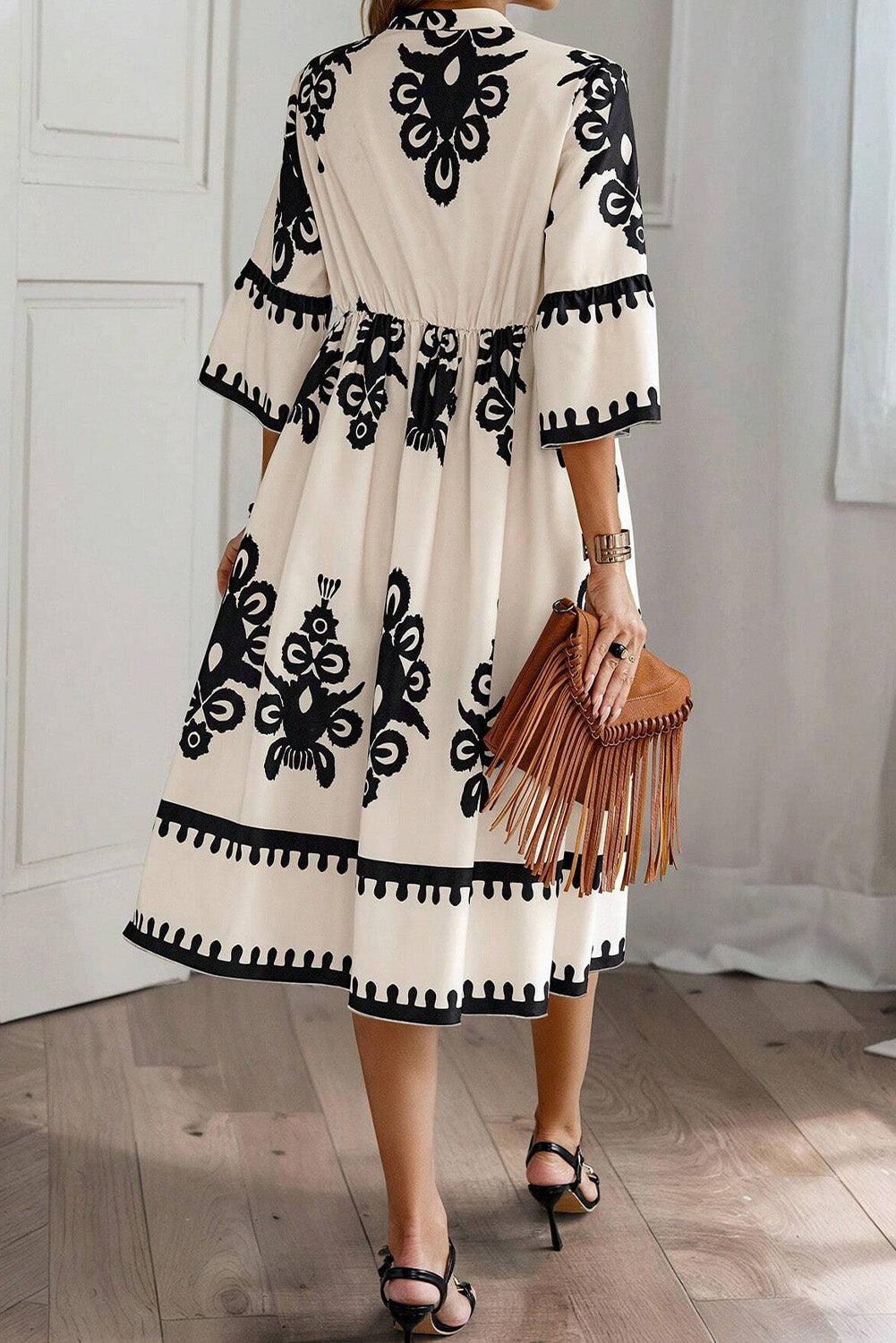 Beige Ethnic Geometric Print 3/4 Sleeve Loose Midi Dress - Venus Trendy Fashion Online