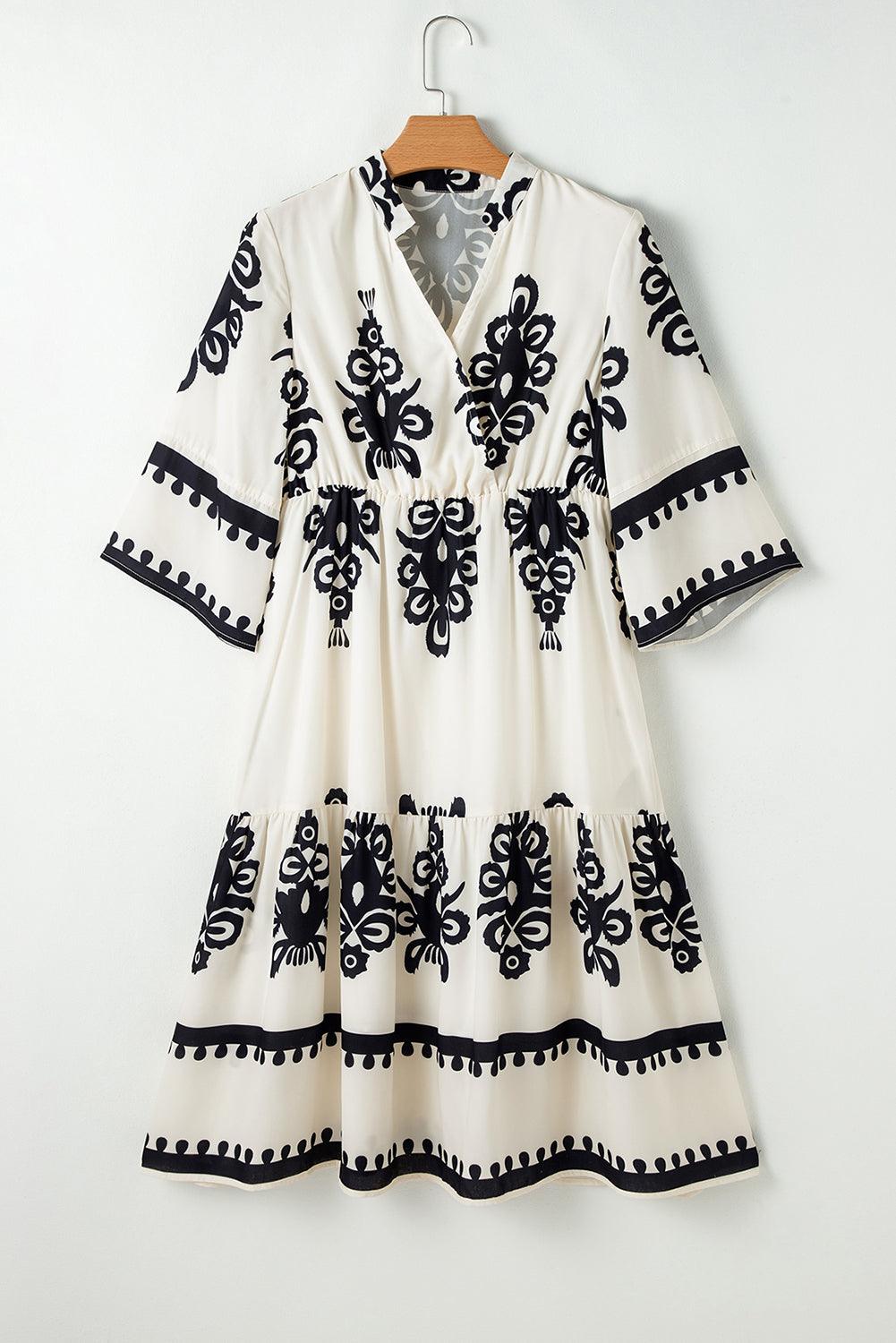 Beige Ethnic Geometric Print 3/4 Sleeve Loose Midi Dress - Venus Trendy Fashion Online