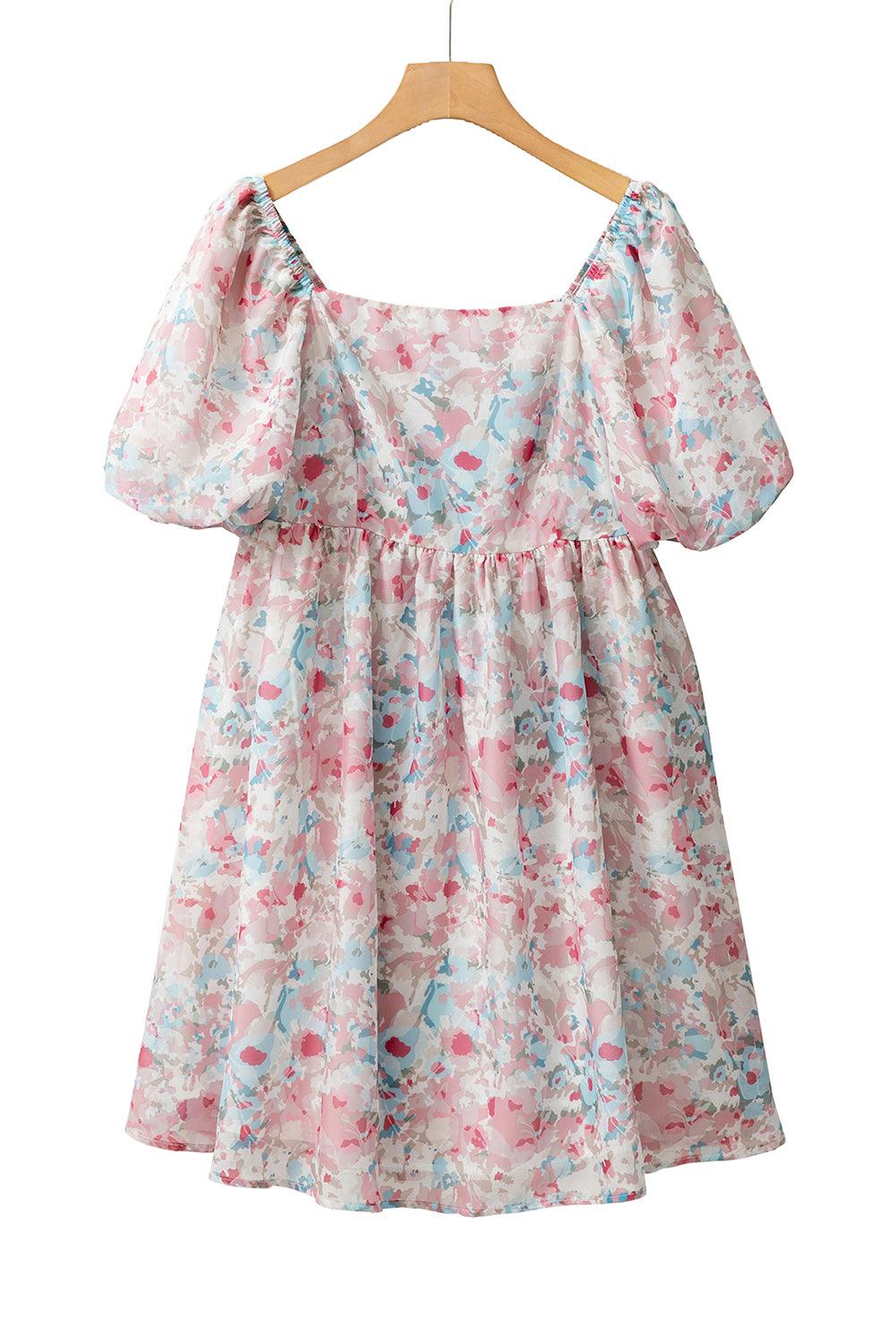 Pink Floral Lantern Sleeve Square Neck Ruffled Mini Dress - Venus Trendy Fashion Online