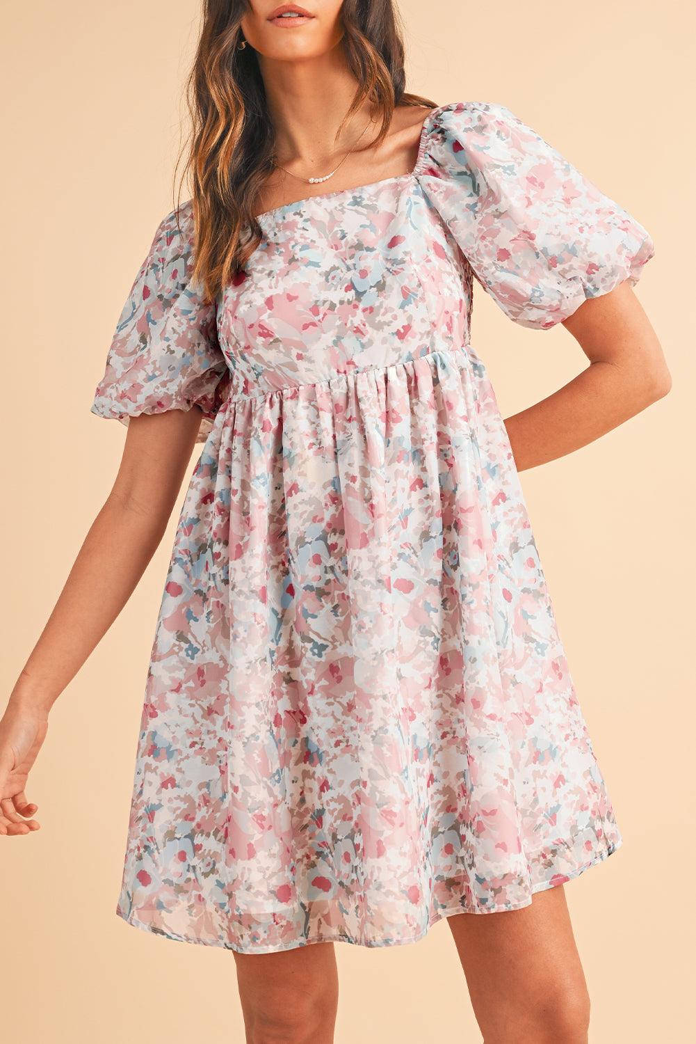 Pink Floral Lantern Sleeve Square Neck Ruffled Mini Dress - Venus Trendy Fashion Online