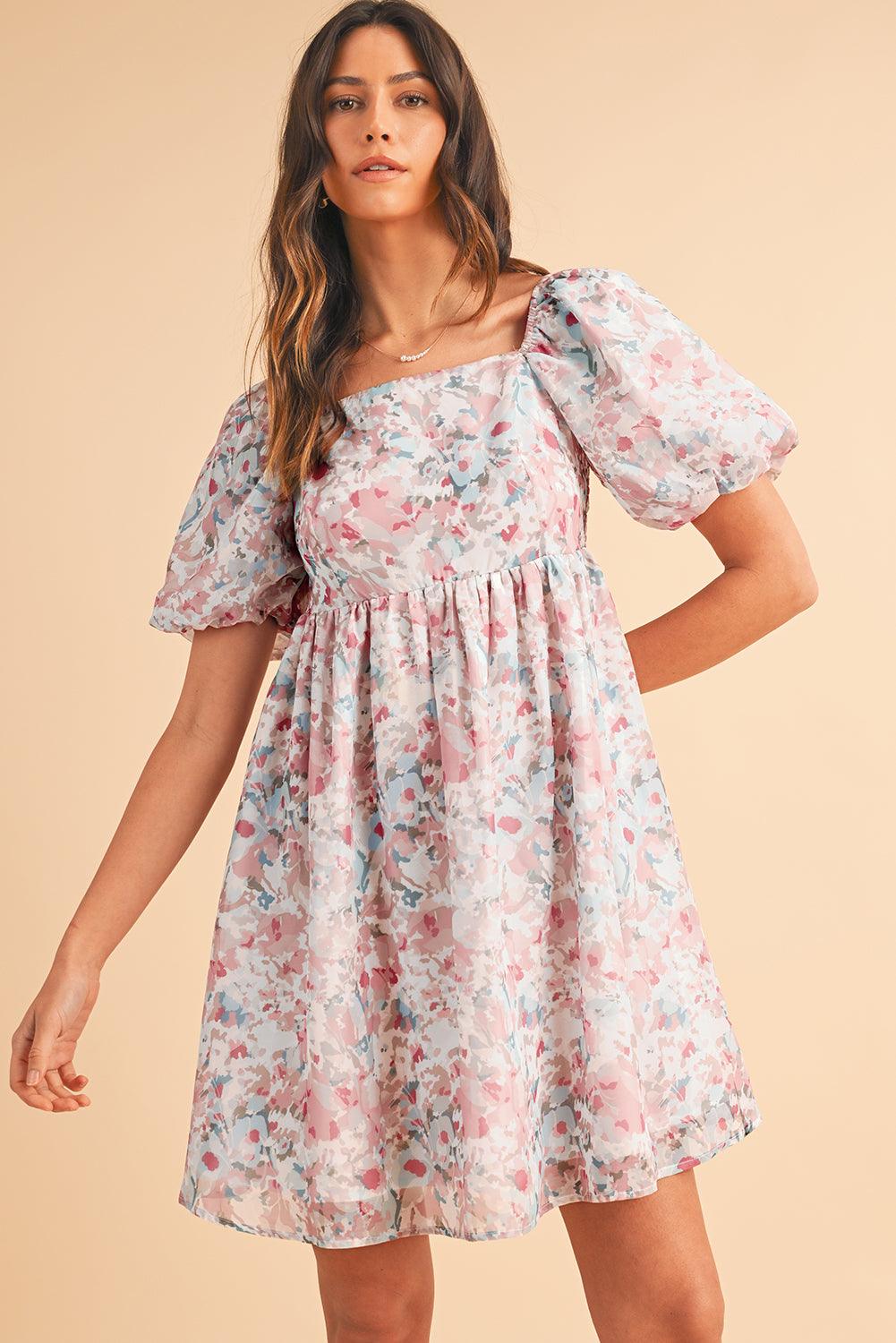 Pink Floral Lantern Sleeve Square Neck Ruffled Mini Dress - Venus Trendy Fashion Online