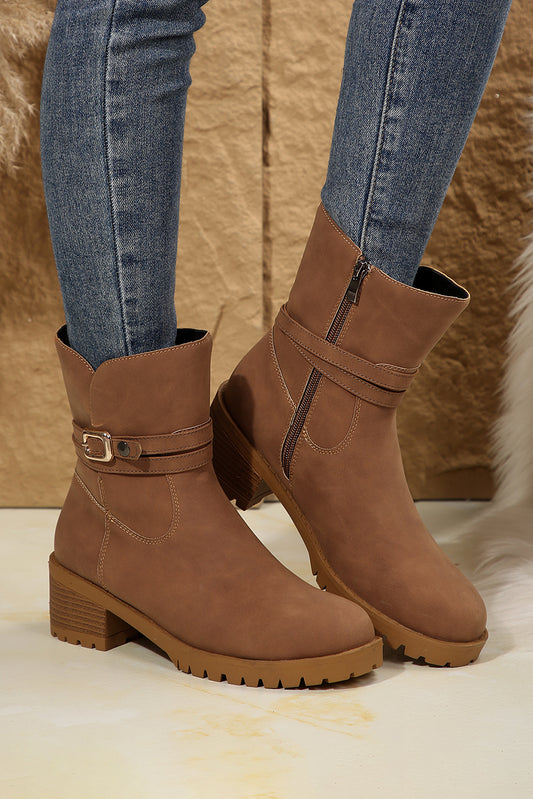 Chestnut Suede Buckle Decor Heeled Ankle Boots - Venus Trendy Fashion Online