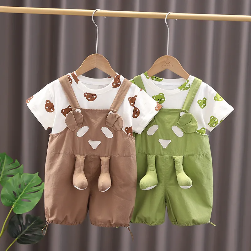 Kids Toddler Boys Summer Fashion Casual Cute Solid Color Cartoon Bear Round Neck T-Shirt Suspenders Set