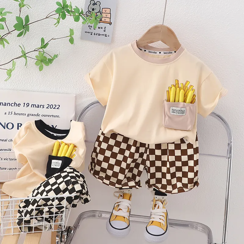 Kids Toddler Boys Summer Fashion Casual Cute Solid Color Fries Round Neck T-Shirt Plaid Shorts Set