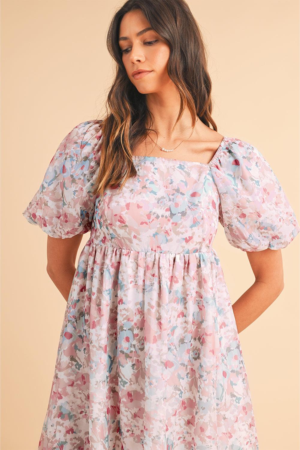 Pink Floral Lantern Sleeve Square Neck Ruffled Mini Dress - Venus Trendy Fashion Online