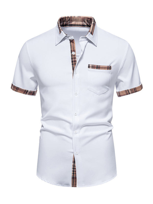 Men's Casual Collar Buttoned Plaid Color Block Short Sleeve Shirt - Venus Trendy Fashion Online