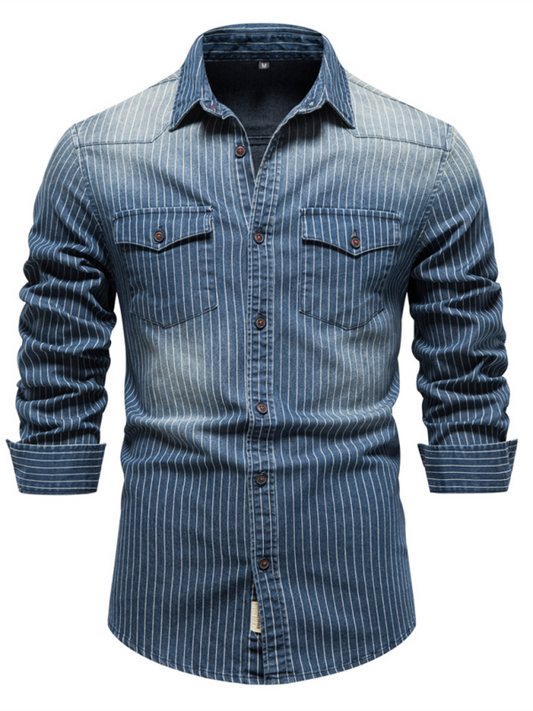 Men's Heavy Washed Distressed Striped Denim Shirt  Venus Trendy Fashion Online