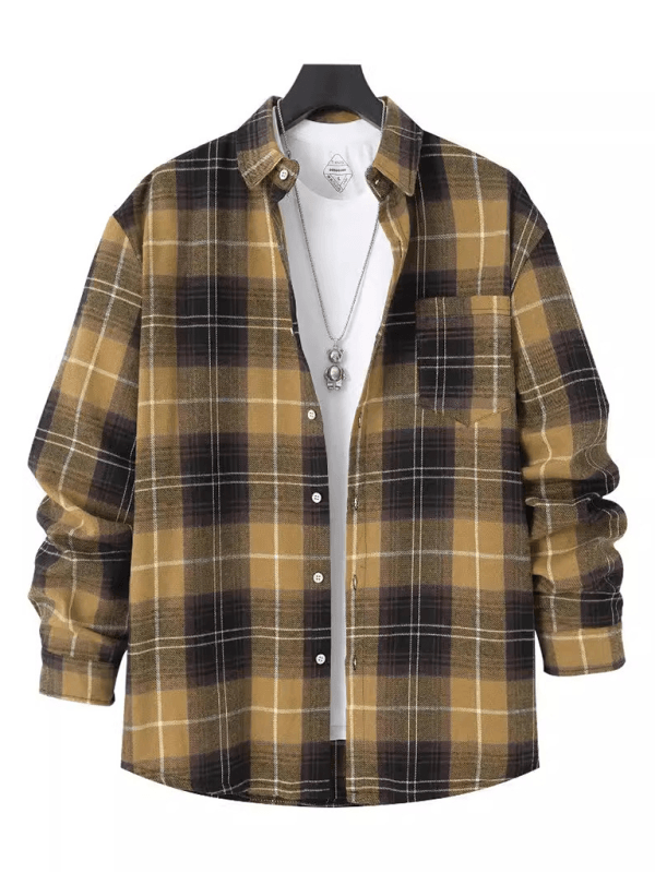 Men's brushed thin plaid long-sleeved casual shirt - Venus Trendy Fashion Online