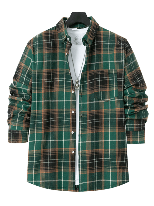 Men's brushed thin plaid long-sleeved casual shirt - Venus Trendy Fashion Online