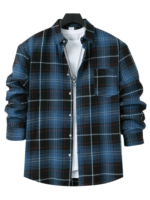 Men's brushed thin plaid long-sleeved casual shirt - Venus Trendy Fashion Online