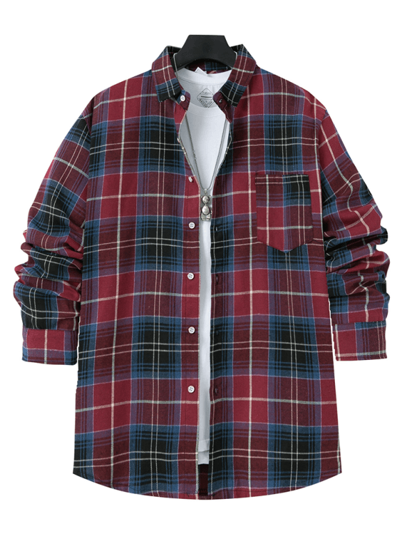 Men's brushed thin plaid long-sleeved casual shirt - Venus Trendy Fashion Online