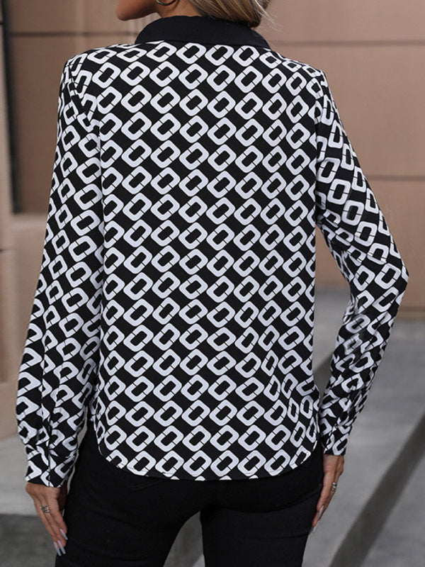 Women's new V-lapel printed long-sleeved shirt - Venus Trendy Fashion Online