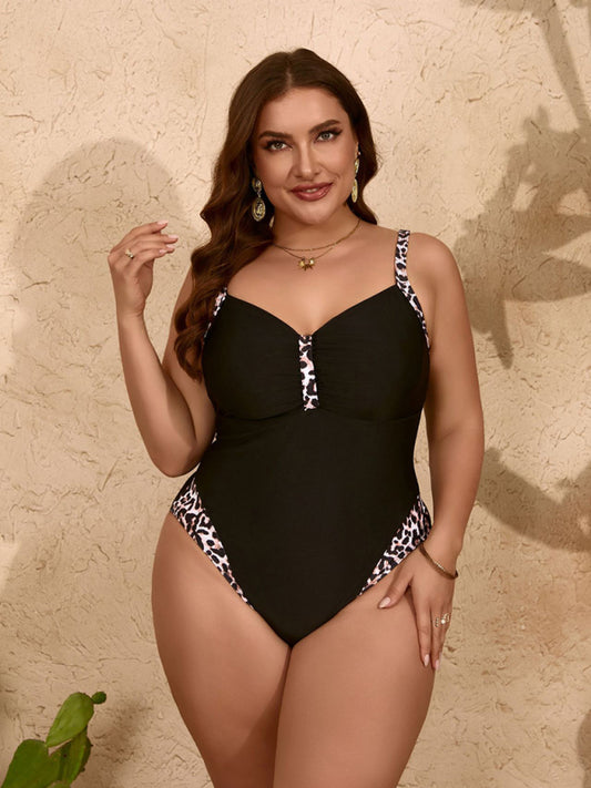 plus size pure black leopard print one-piece slim bikini swimsuit - Venus Trendy Fashion Online