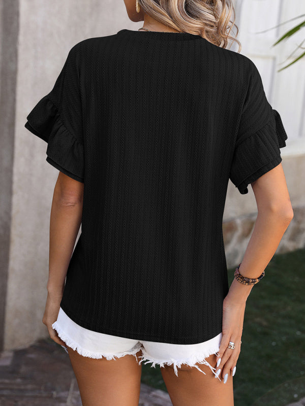 New solid color round neck ruffle sleeve short sleeve T-shirt top - Venus Trendy Fashion Online