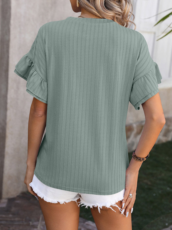 New solid color round neck ruffle sleeve short sleeve T-shirt top - Venus Trendy Fashion Online