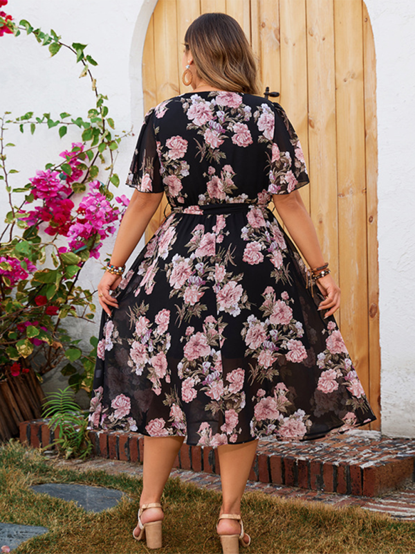 Plus size women's V-neck fluttering sleeves waisted floral floral dress  Venus Trendy Fashion Online