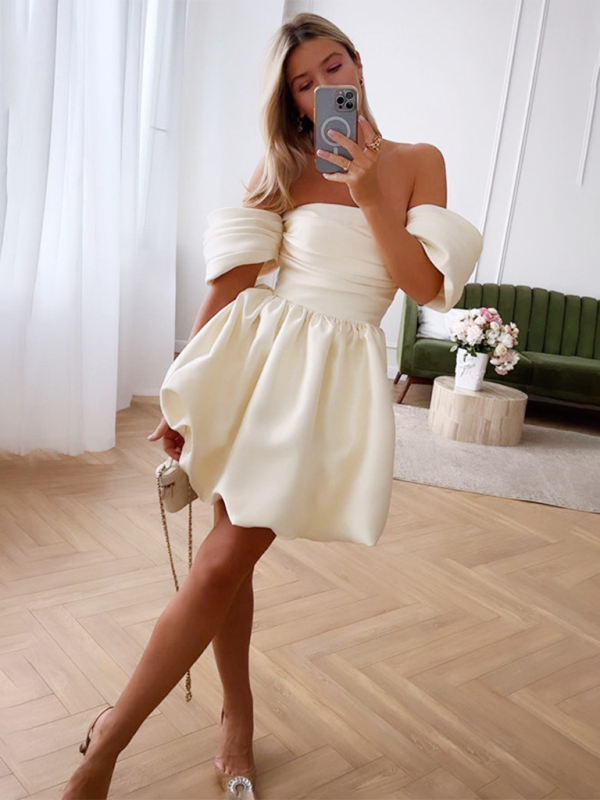 Solid color one-shoulder princess dress sexy tube top princess sleeve dress  Venus Trendy Fashion Online