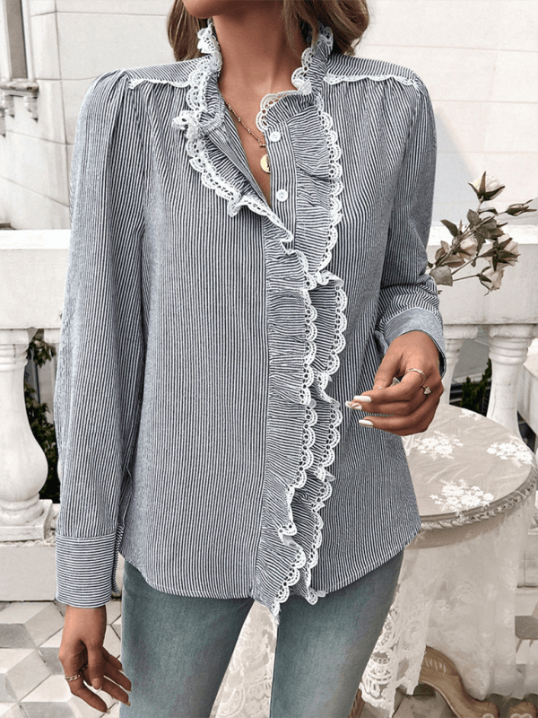 Women's Temperament Striped Lace Long Sleeve Shirt - Venus Trendy Fashion Online