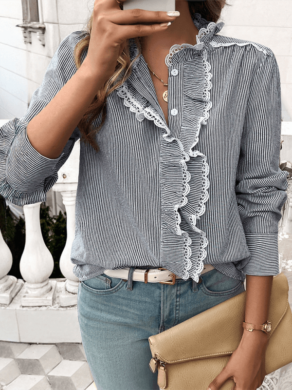 Women's Temperament Striped Lace Long Sleeve Shirt - Venus Trendy Fashion Online