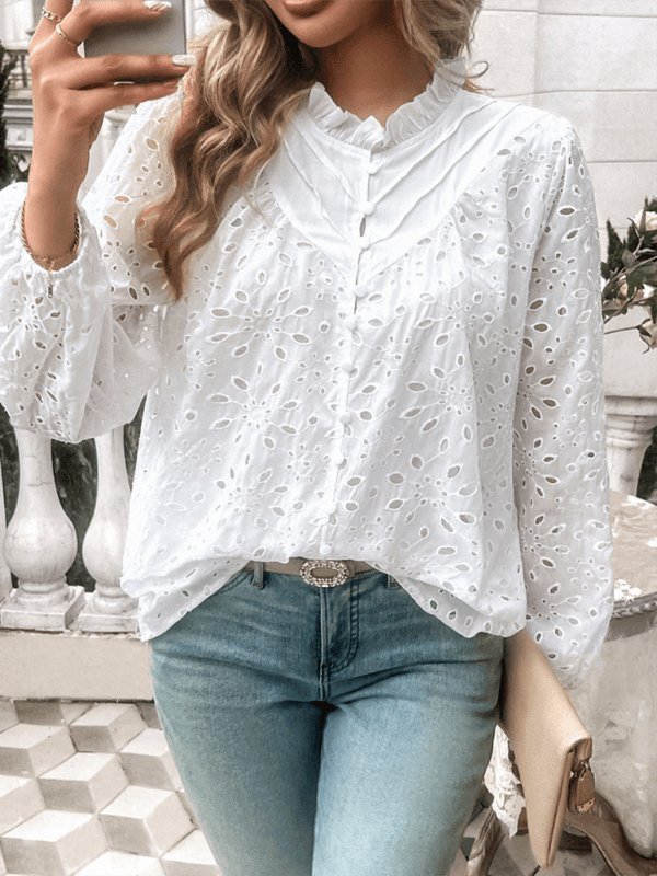 Women's hollow puff sleeve embroidered top - Venus Trendy Fashion Online