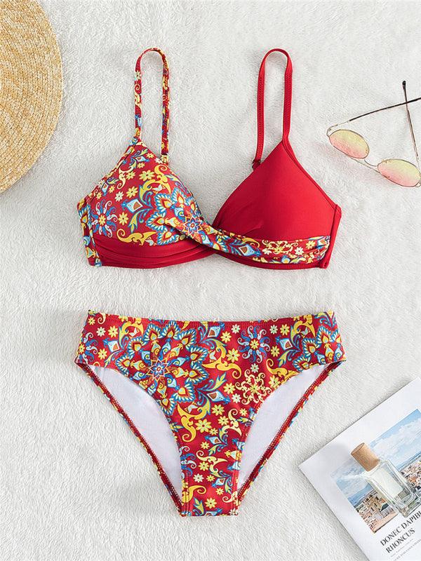 New women's color matching print boxer cross split swimsuit - Venus Trendy Fashion Online