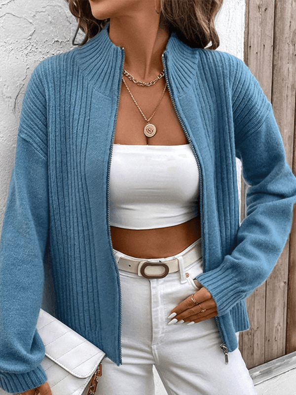 Stand collar solid color cardigan sweater jacket - Venus Trendy Fashion Online