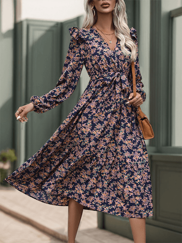 Ruffled long sleeve printed v-neck dress - Venus Trendy Fashion Online