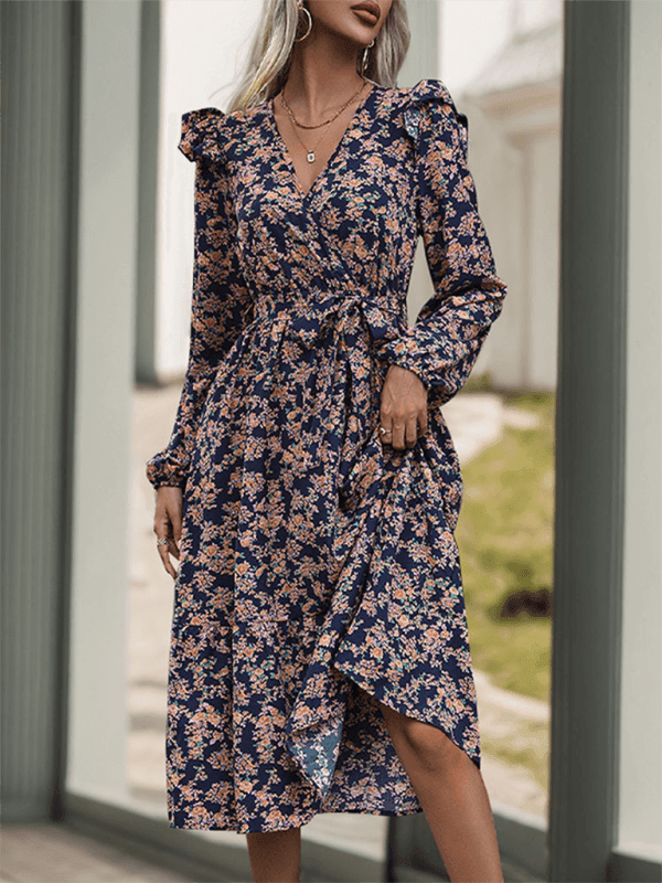 Ruffled long sleeve printed v-neck dress - Venus Trendy Fashion Online