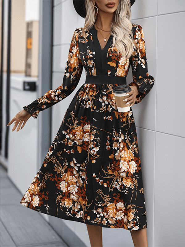 Fashion Printed Midi Fall Dress - Venus Trendy Fashion Online