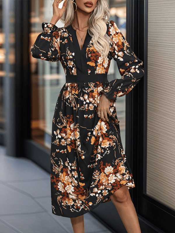 Fashion Printed Midi Fall Dress - Venus Trendy Fashion Online