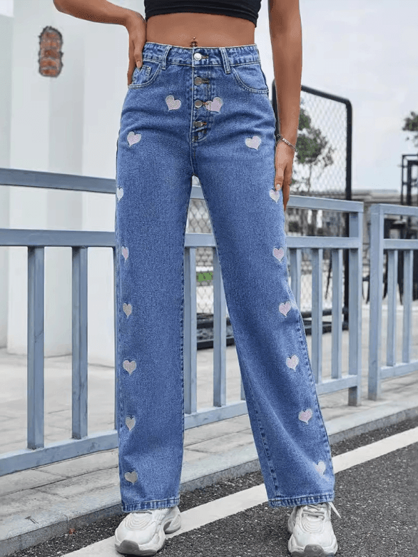 Fashion Embroidery Casual High Waist Straight Jeans Trousers - Venus Trendy Fashion Online