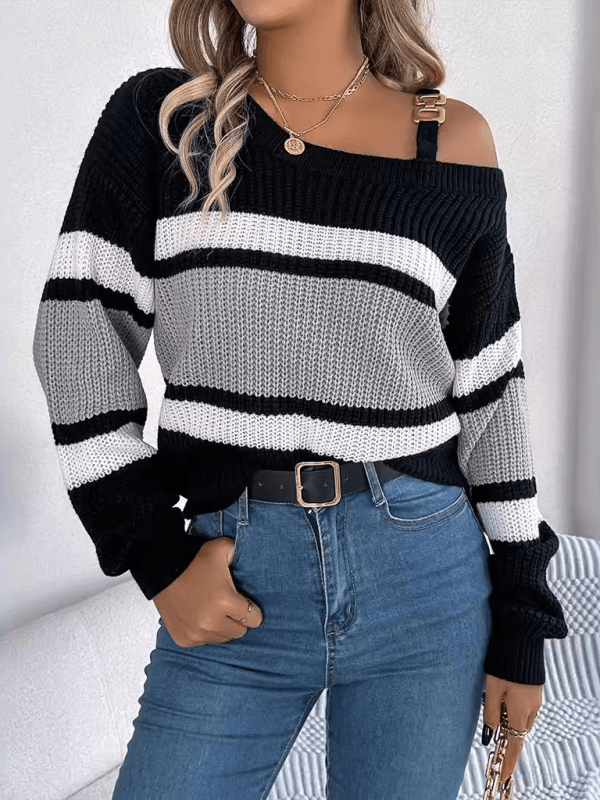 Casual Lantern Sleeve Metal Button Off Shoulder Pullover Sweater - Venus Trendy Fashion Online