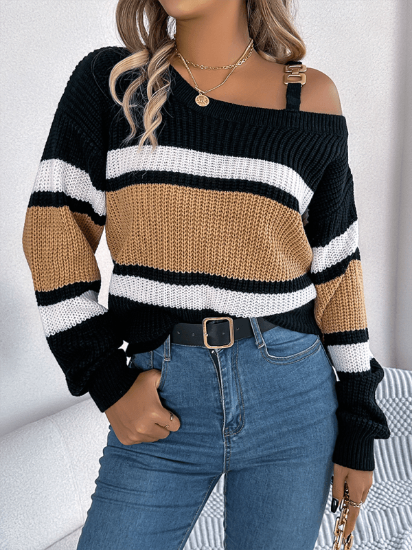 Casual Lantern Sleeve Metal Button Off Shoulder Pullover Sweater - Venus Trendy Fashion Online