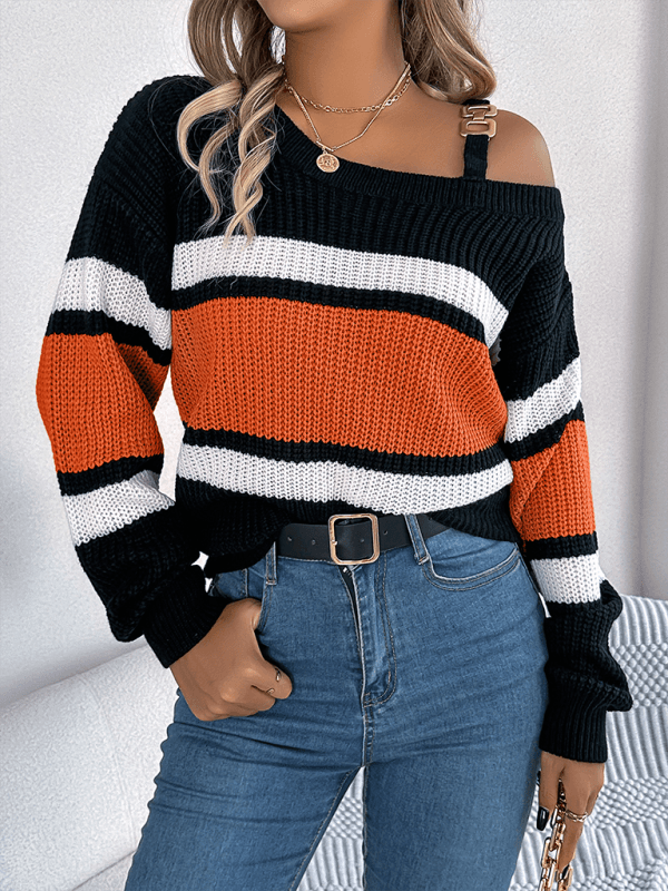 Casual Lantern Sleeve Metal Button Off Shoulder Pullover Sweater - Venus Trendy Fashion Online