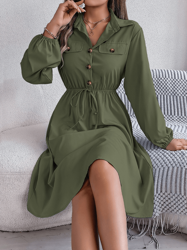 Casual Button Tie Waisted Long Sleeve Shirt Dress - Venus Trendy Fashion Online