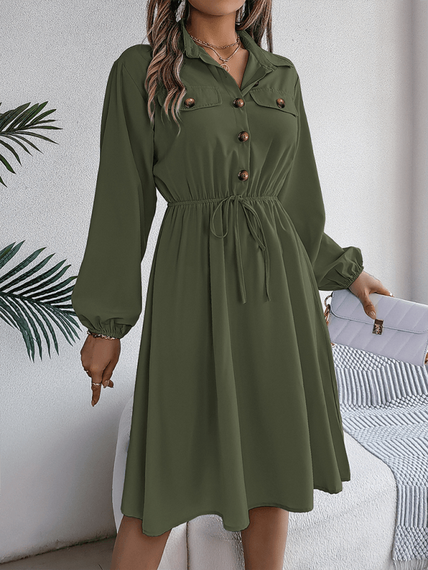 Casual Button Tie Waisted Long Sleeve Shirt Dress - Venus Trendy Fashion Online