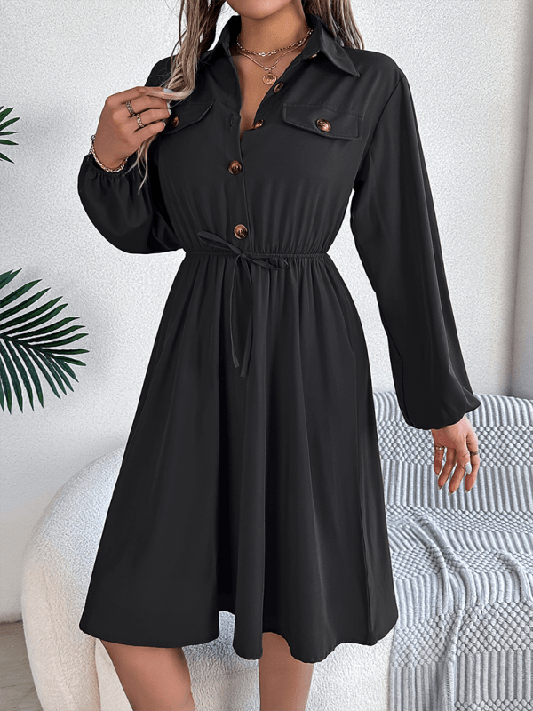 Casual Button Tie Waisted Long Sleeve Shirt Dress - Venus Trendy Fashion Online