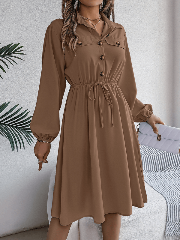 Casual Button Tie Waisted Long Sleeve Shirt Dress - Venus Trendy Fashion Online