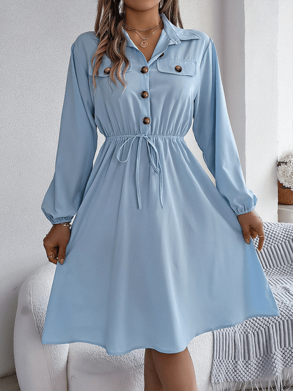 Casual Button Tie Waisted Long Sleeve Shirt Dress - Venus Trendy Fashion Online