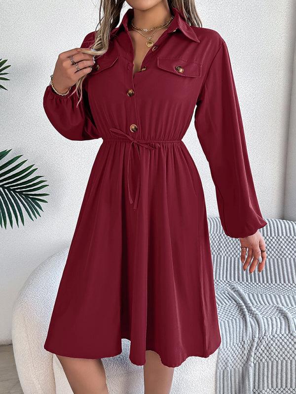 Casual Button Tie Waisted Long Sleeve Shirt Dress - Venus Trendy Fashion Online