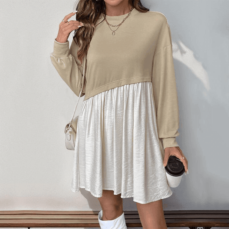 Casual long-sleeved round neck contrast color shirt dress - Venus Trendy Fashion Online