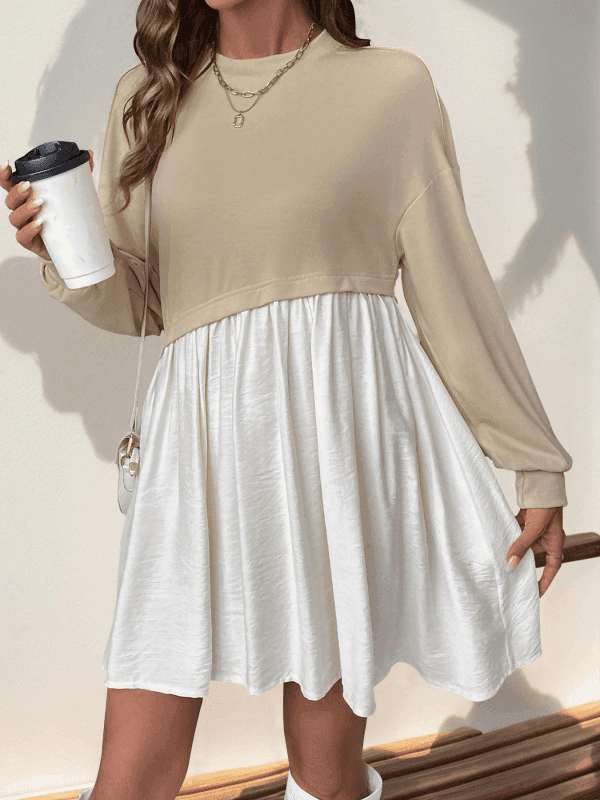 Casual long-sleeved round neck contrast color shirt dress - Venus Trendy Fashion Online