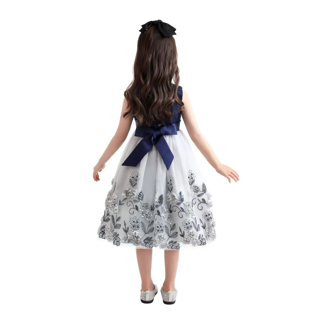 Girls Sleeveless Embroidered Flower Bow Mesh Princess Festival Party Dress