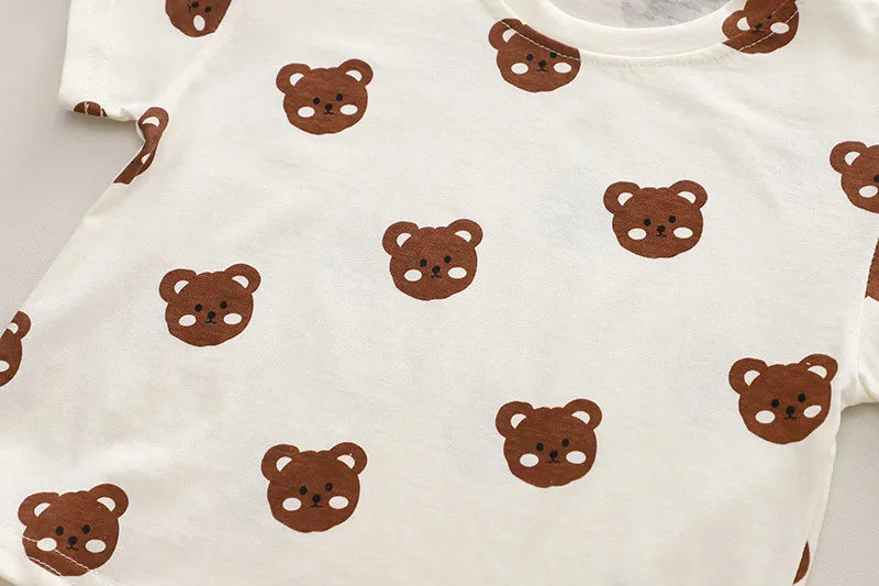 Kids Toddler Boys Summer Fashion Casual Cute Solid Color Cartoon Bear Round Neck T-Shirt Suspenders Set